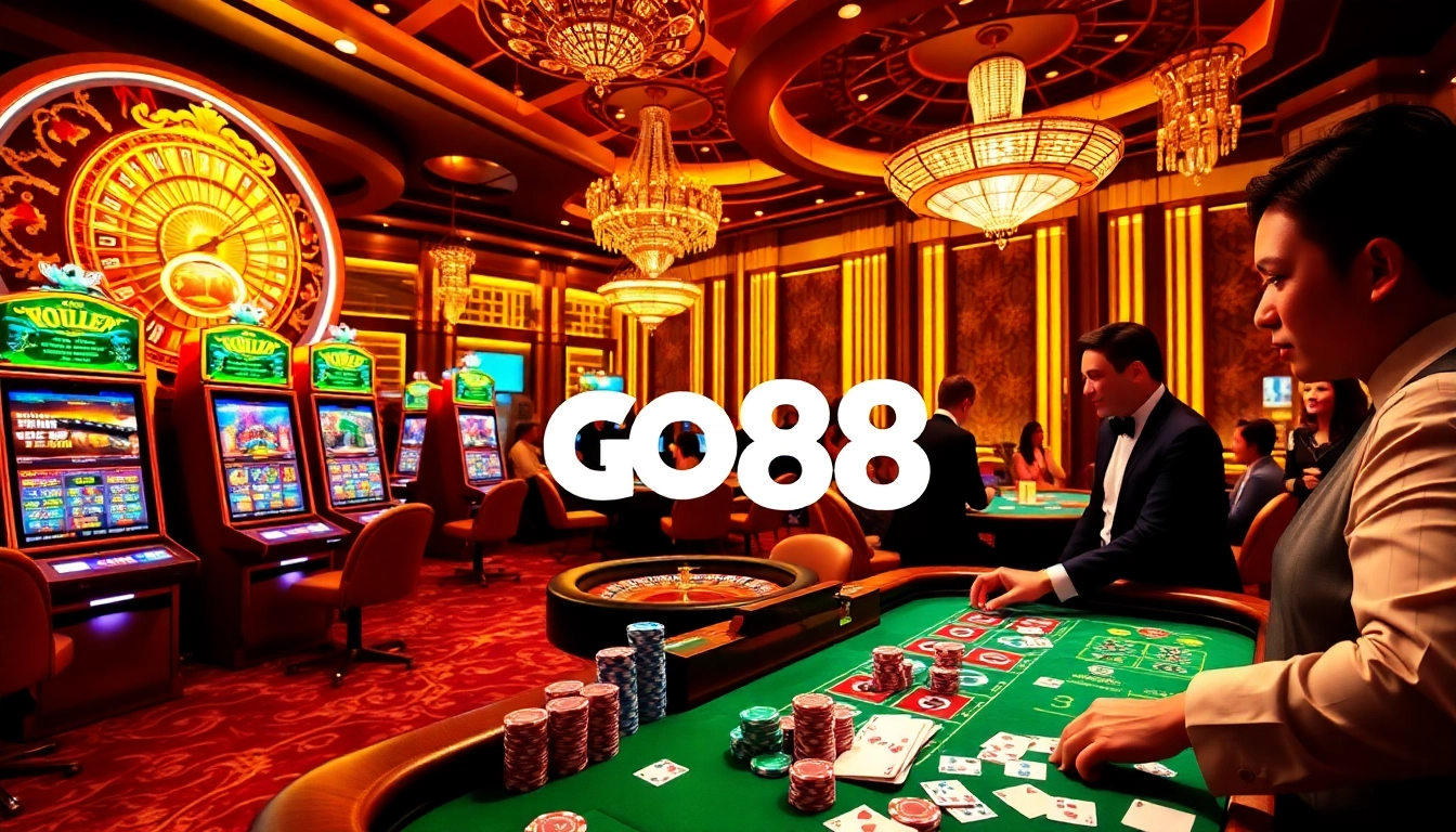 Engage in high-stakes gambling at GO88, featuring a luxurious casino table and vibrant atmosphere.