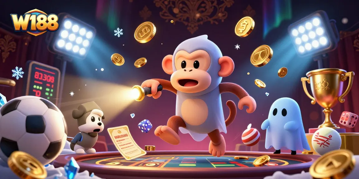 Experience thrilling gaming moments with W188, featuring a playful poltergeist monkey and ghost-hunter puppy in a dynamic casino.