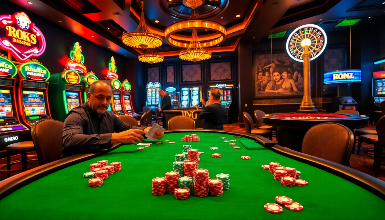 Engaging scene of a high-stakes poker game showcasing pahala4d gaming excitement with vibrant casino elements.