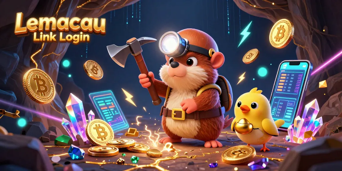 Lemacau Link Login showcases an adventurous mole and canary in a treasure cave filled with gold, crypto coins, and vibrant elements.