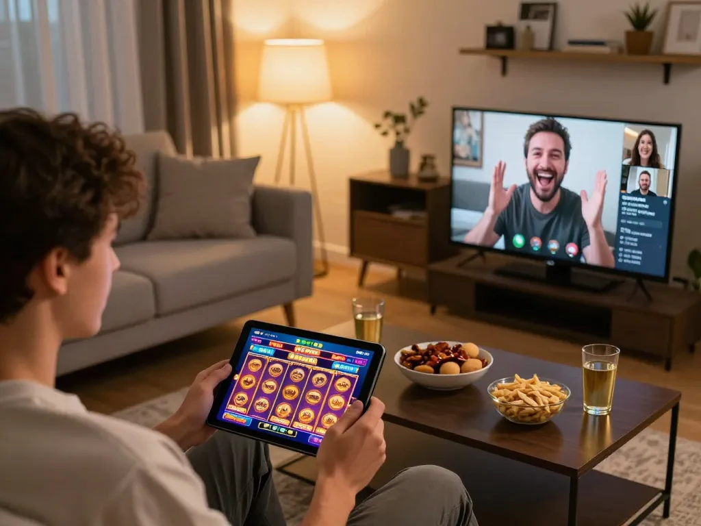 Play thrilling slot games at https://8k8.fan/ on a tablet in a cozy home environment.