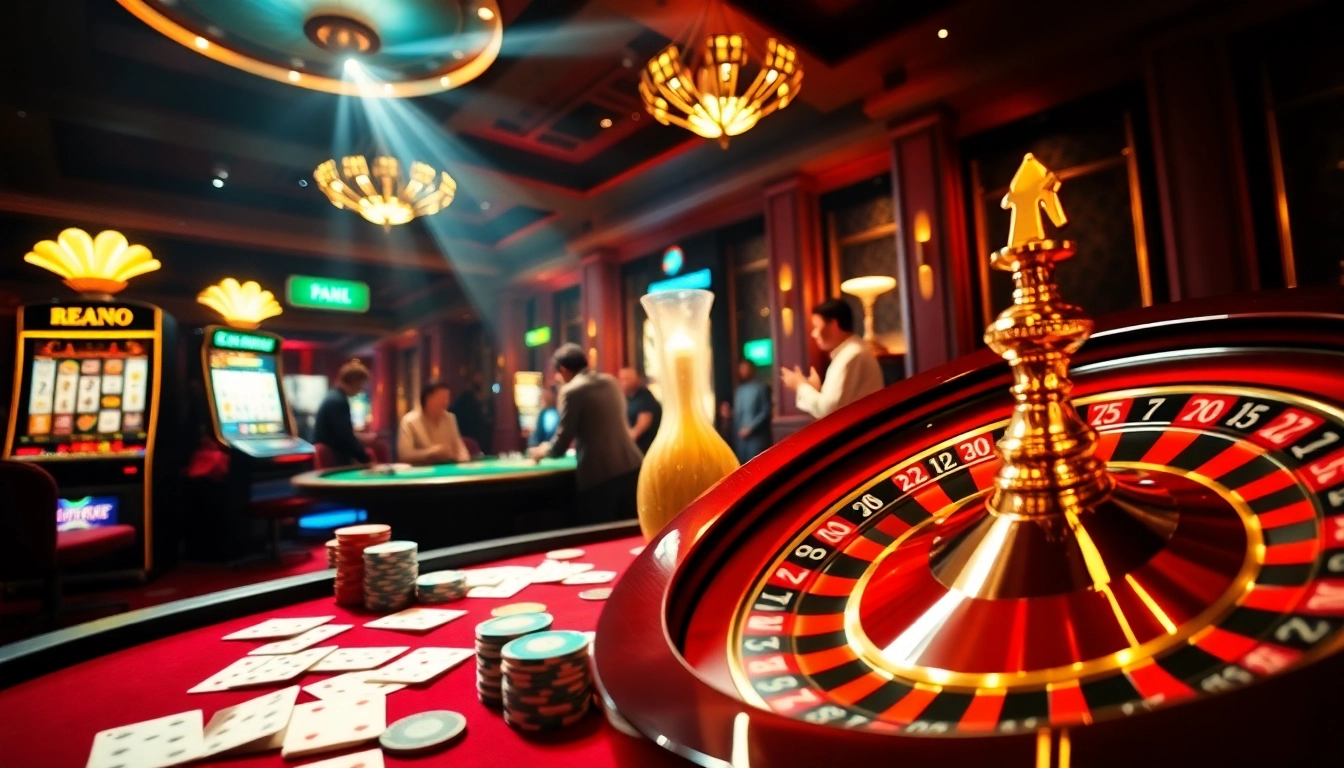 Situs apiraja88 casino scene featuring vibrant roulette wheel, lively players, and exciting slot machine action.