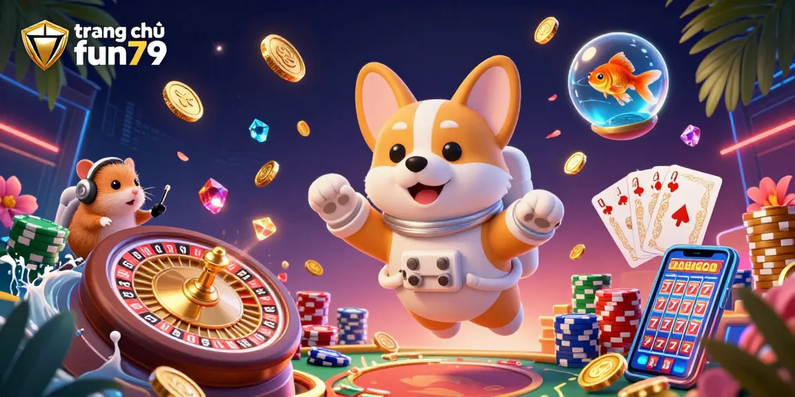 Experience the excitement at trang chủ fun79 with a floating corgi astronaut in a lively casino scene.
