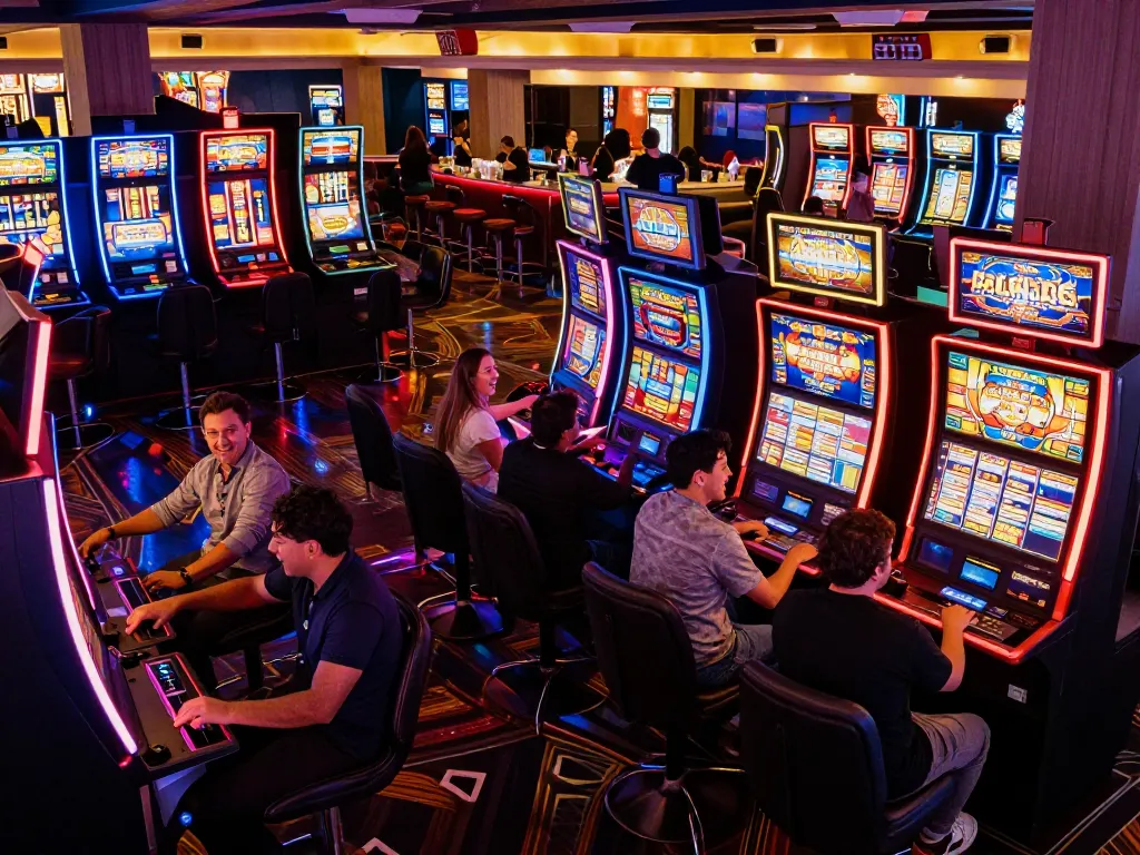 Players enjoying exciting slot games at 8xbet casino, experiencing bright lights and joyful atmosphere