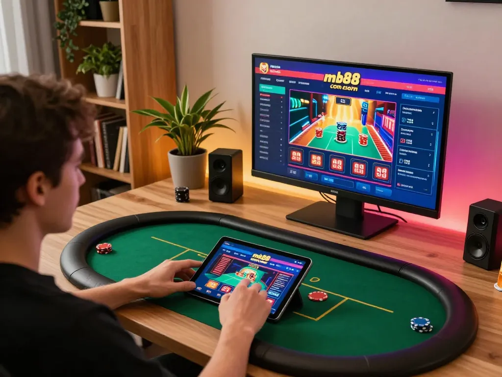 Engaging in online poker gaming on mb88 com with tablet in a stylish home office