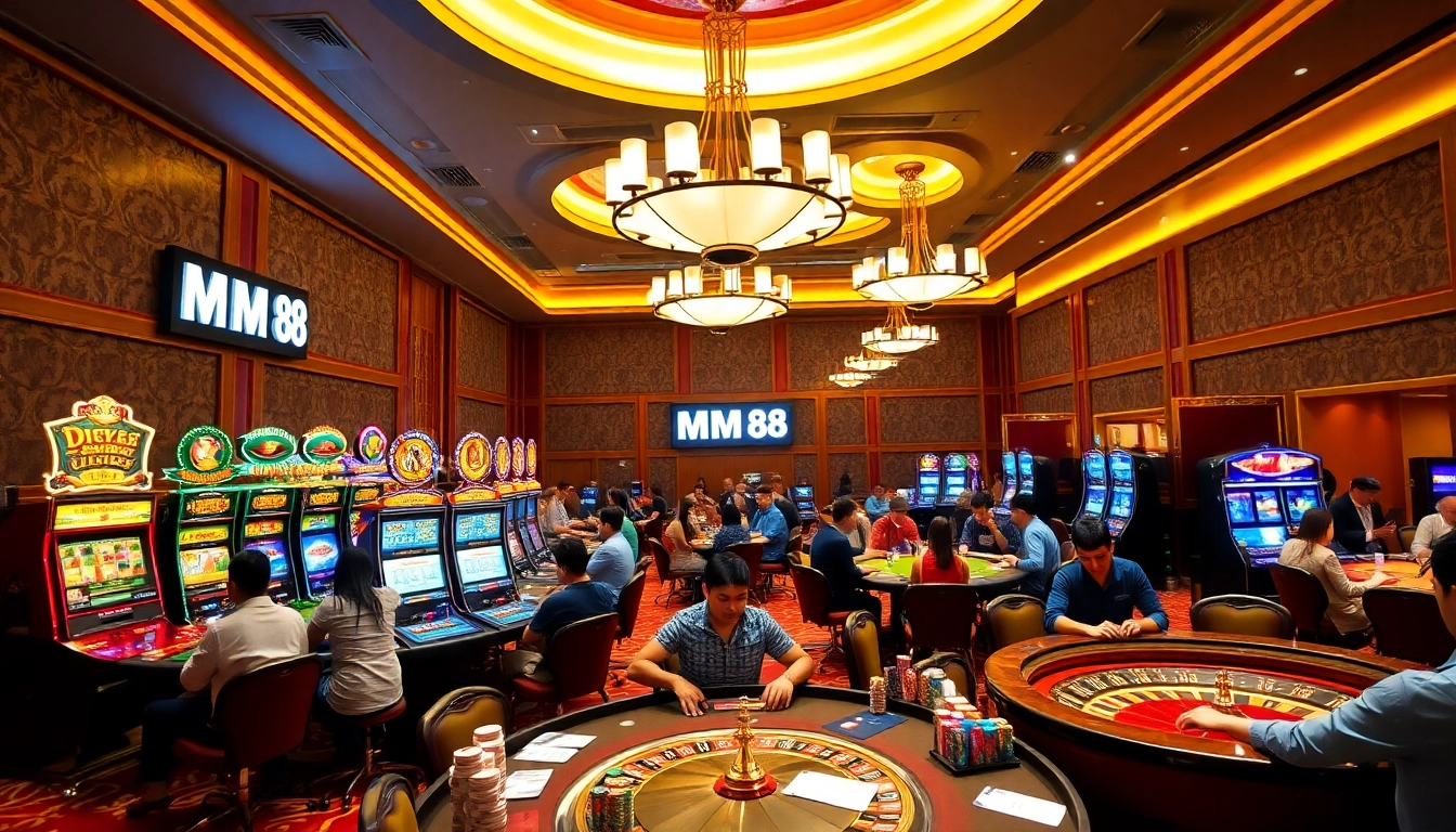 Experience excitement at MM 88 with vibrant slot machines and engaged players in a luxurious casino setting.