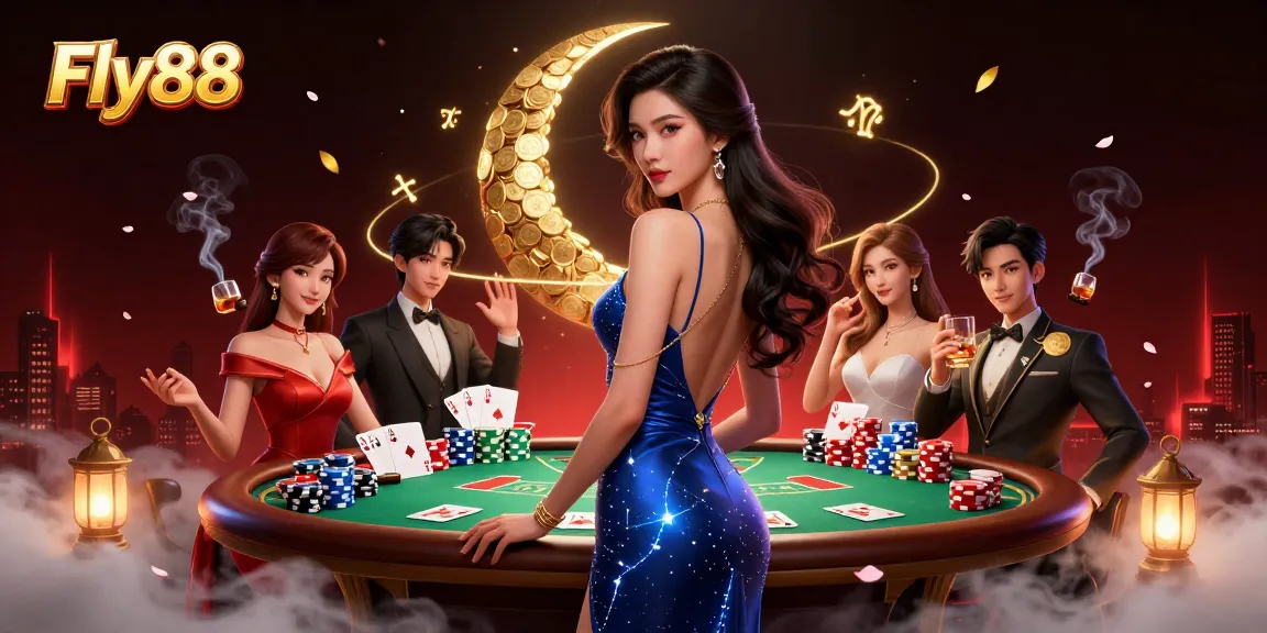 Experience high-stakes poker at Fly88 with an elegant casino scene featuring rich game elements and allure.