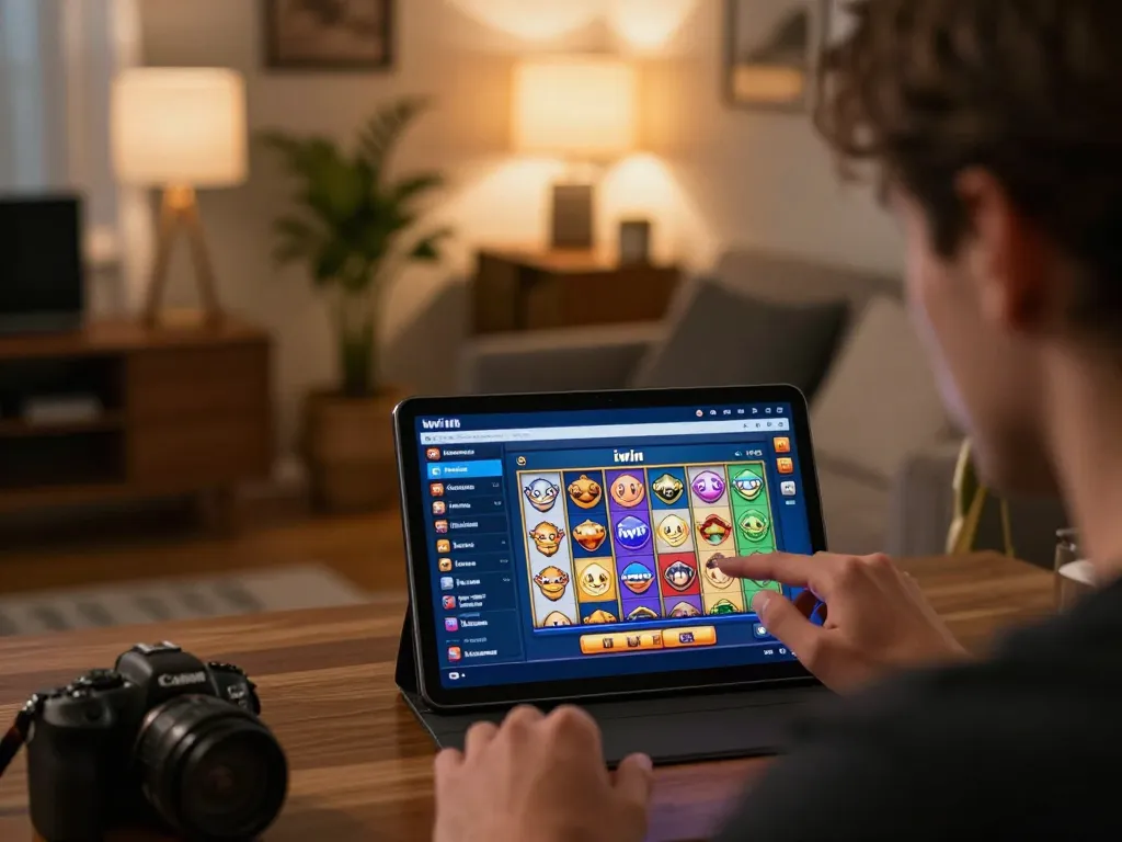 Playing the iwin game on a tablet, showcasing vibrant slot graphics and promotions in a cozy home setting