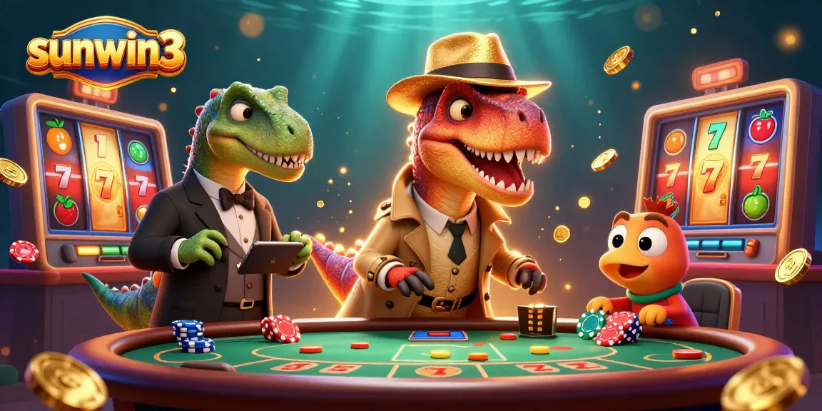 Experience excitement at sunwin3 with a velociraptor card counter at a blackjack table amid dynamic slot game elements.
