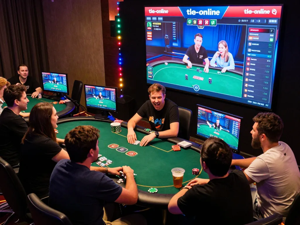 Friends enjoying a thrilling live poker event on tle-online, showcasing engaged gameplay and excitement.