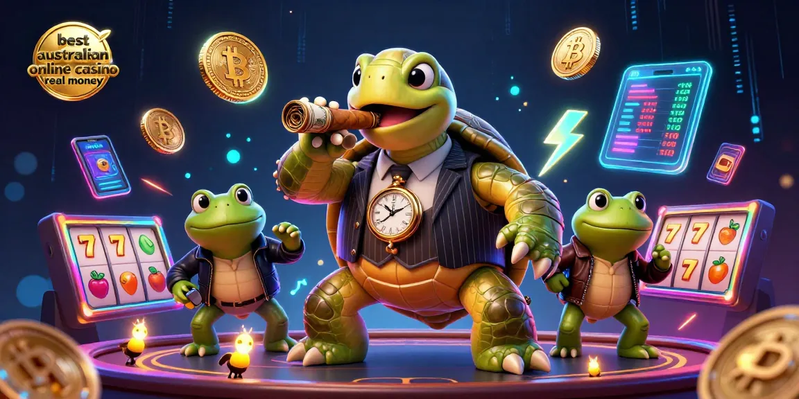 Engage in the thrill of best australian online casino real money with a dynamic depiction of a cartoon turtle mobster and energetic casino elements.