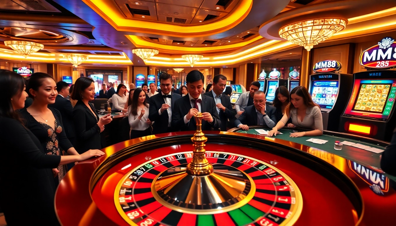 Engaging gamblers at MM88 Casino enjoying a vibrant roulette table and slot machines.