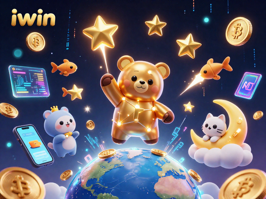 iwin players enjoy 3D cartoon cosmic-themed casino art with glowing coins and vibrant characters.