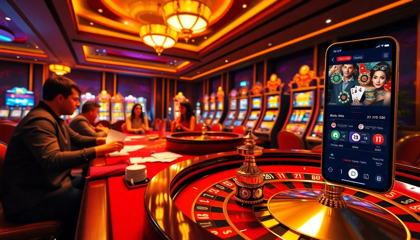 Xoso66 casino players enjoying a vibrant gambling experience with poker chips and online gaming.
