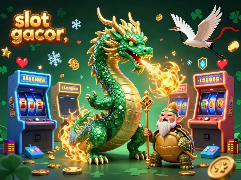 Engage with the magical world of slot gacor as an emerald jade dragon breathes fire amidst colorful arcade game elements.