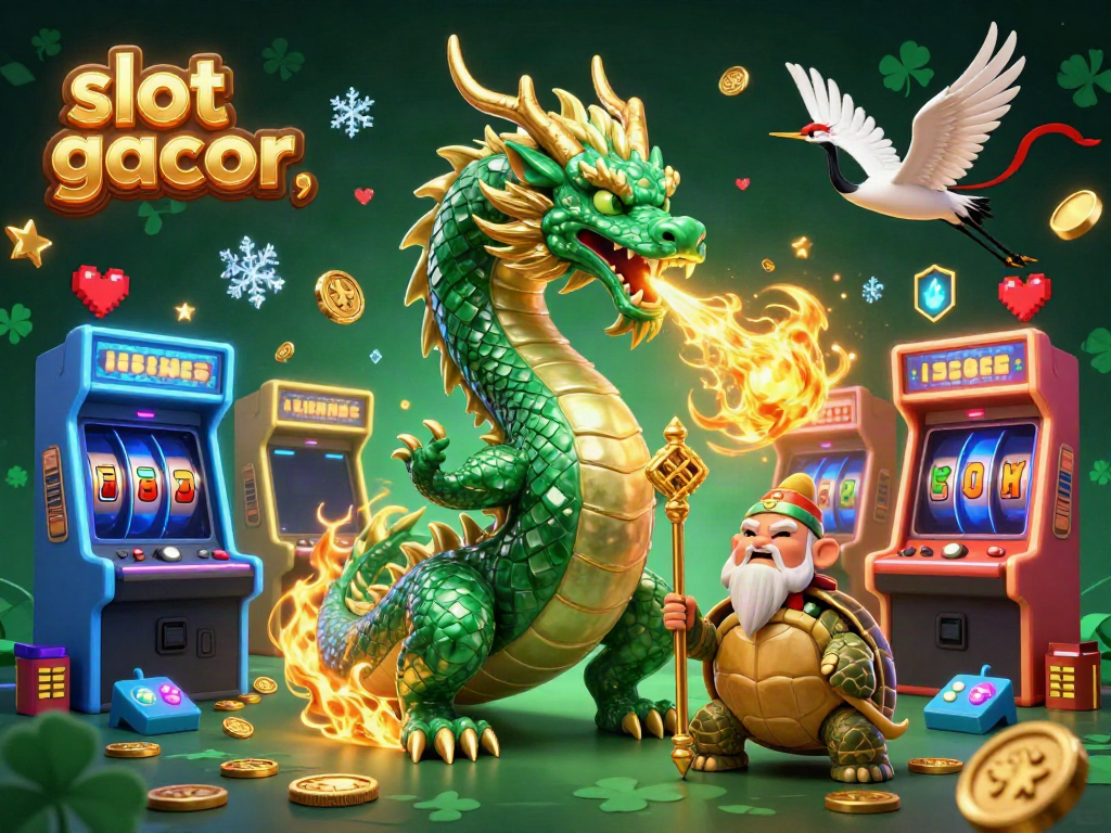Engage with the magical world of slot gacor as an emerald jade dragon breathes fire amidst colorful arcade game elements.