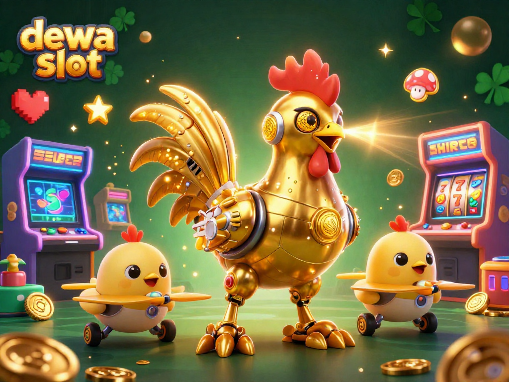 Menangkan hadiah besar di dewa slot dengan robot ayam emas futuristik dan mesin permainan 3D yang cerah.
