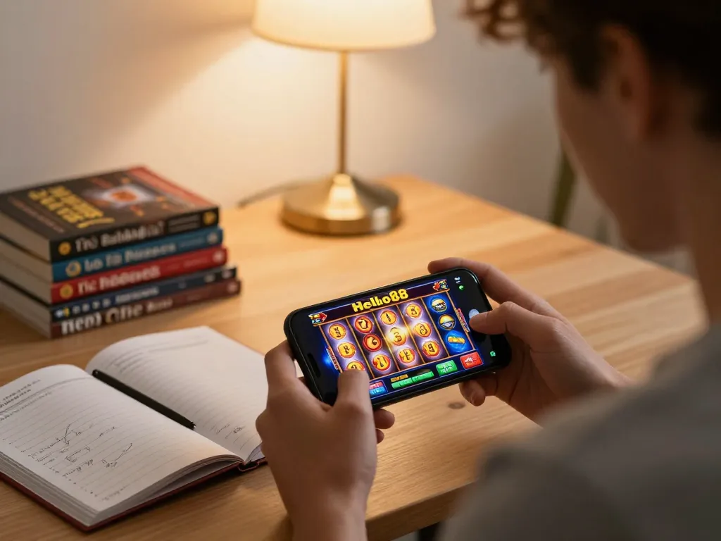 Hello88 mobile gaming session with vibrant slot graphics and player engagement.