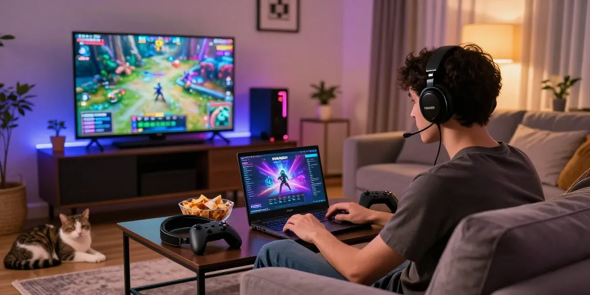Engaged gamer playing on Mahajitu platform in cozy living room setting with ambient lighting.