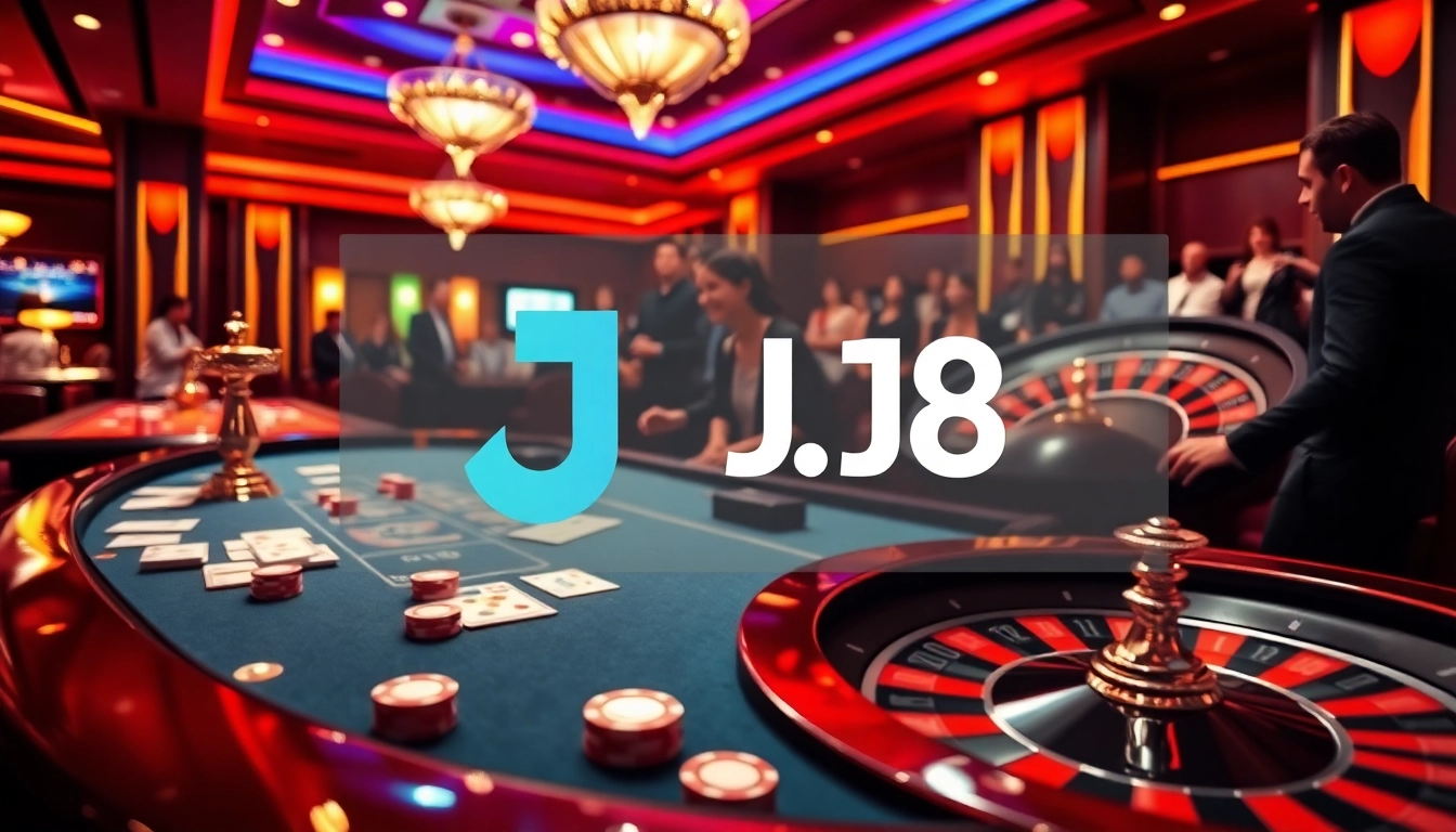 Players enjoying a game of poker at J8 casino, showcasing excitement and vibrant atmosphere.