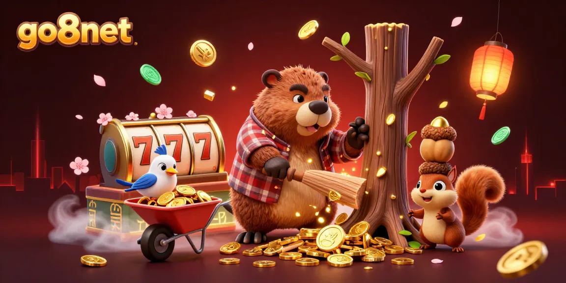 Join the excitement at go8net with a lively scene of a cartoon beaver raining coins in this casino adventure.