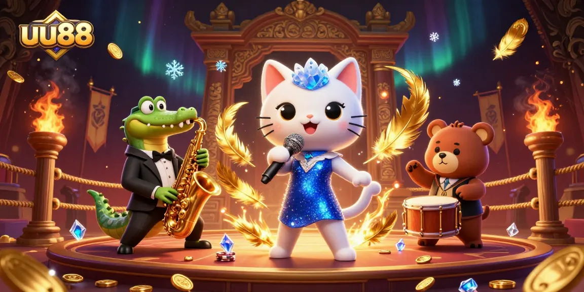 uu88 casino scene featuring a jazz-singer cat, saxophone crocodile, and drum-playing bear