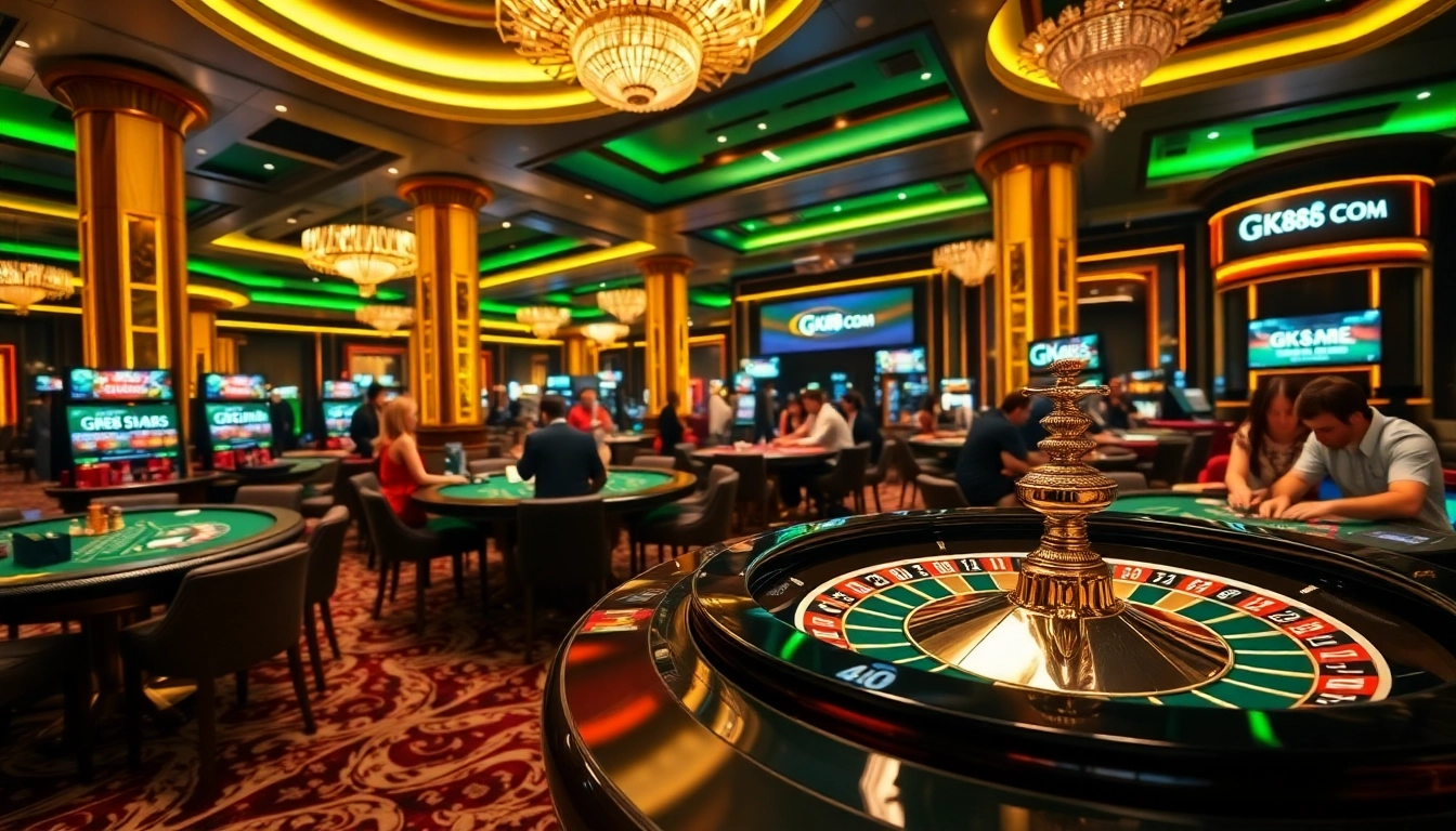 Experience high-stakes excitement at GK88 COM with vibrant casino gaming tables and players.