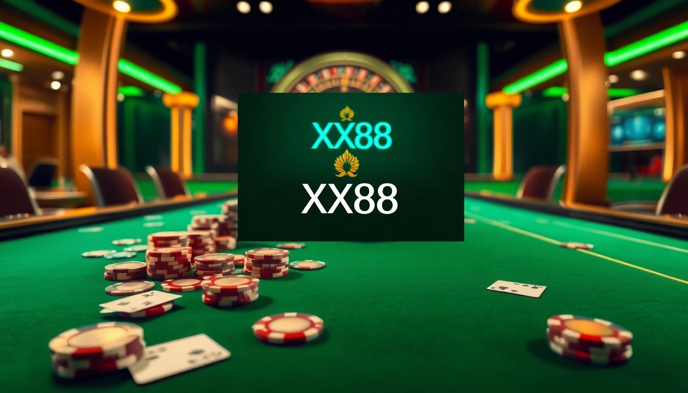 Exciting gameplay featuring XX88 logo on a luxurious casino table with chips and cards