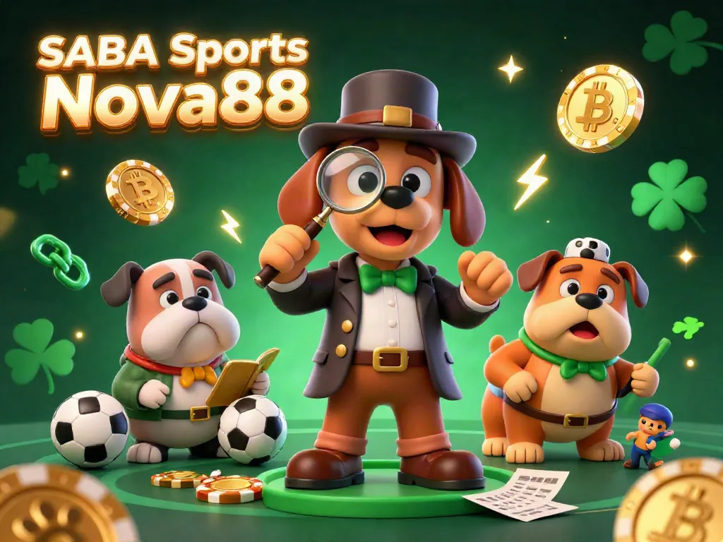 Engage in SABA Sports Nova88 with a vibrant 3D cartoon scene featuring a detective bloodhound and a robot bulldog exploring sports betting clues.