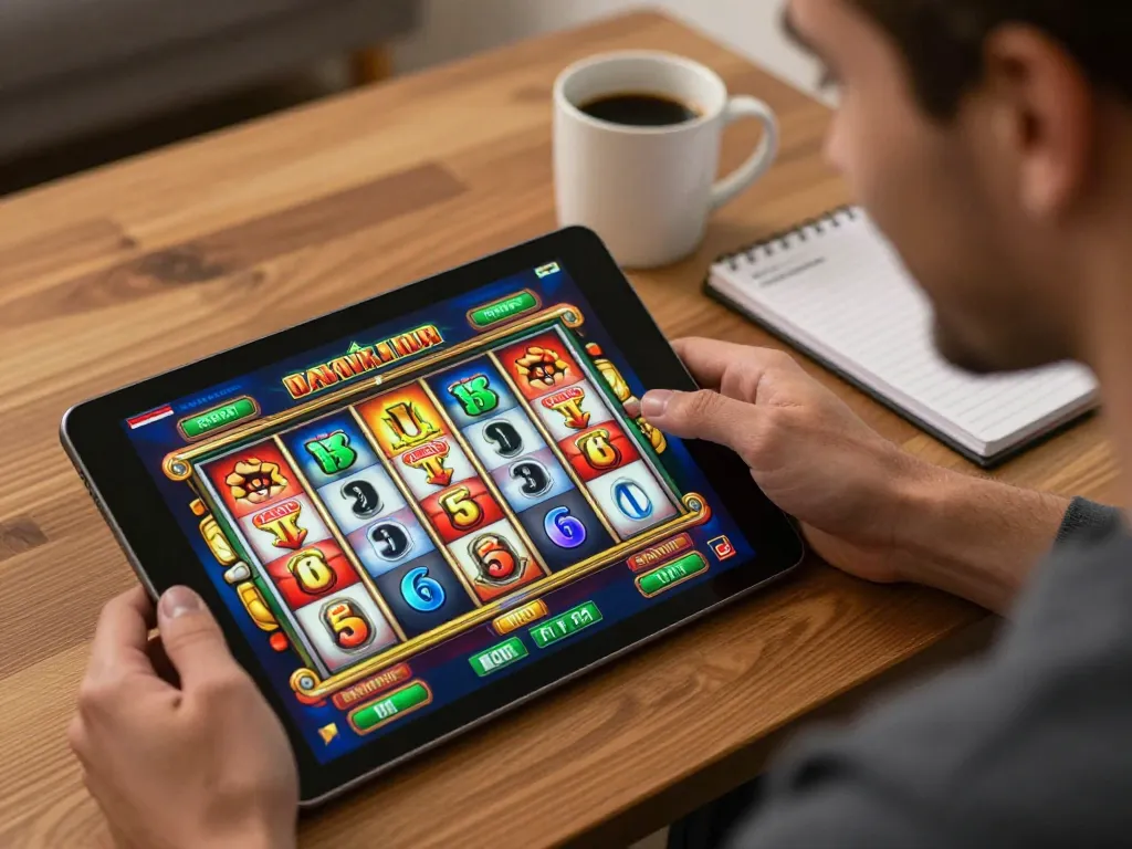 IDCASH88 player enjoying online slots on a tablet, highlighting exciting gameplay and responsible gambling.