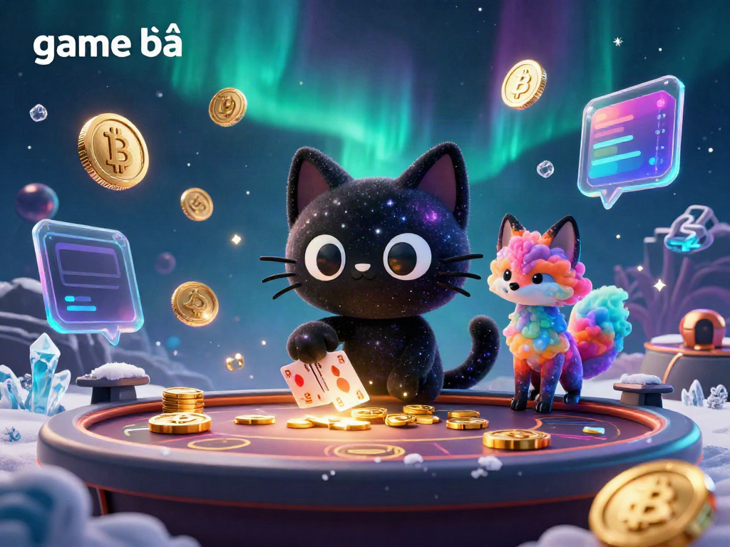 Engage in thrilling game bài experiences with a whimsical casino scene featuring cosmic characters and cryptocurrency elements.