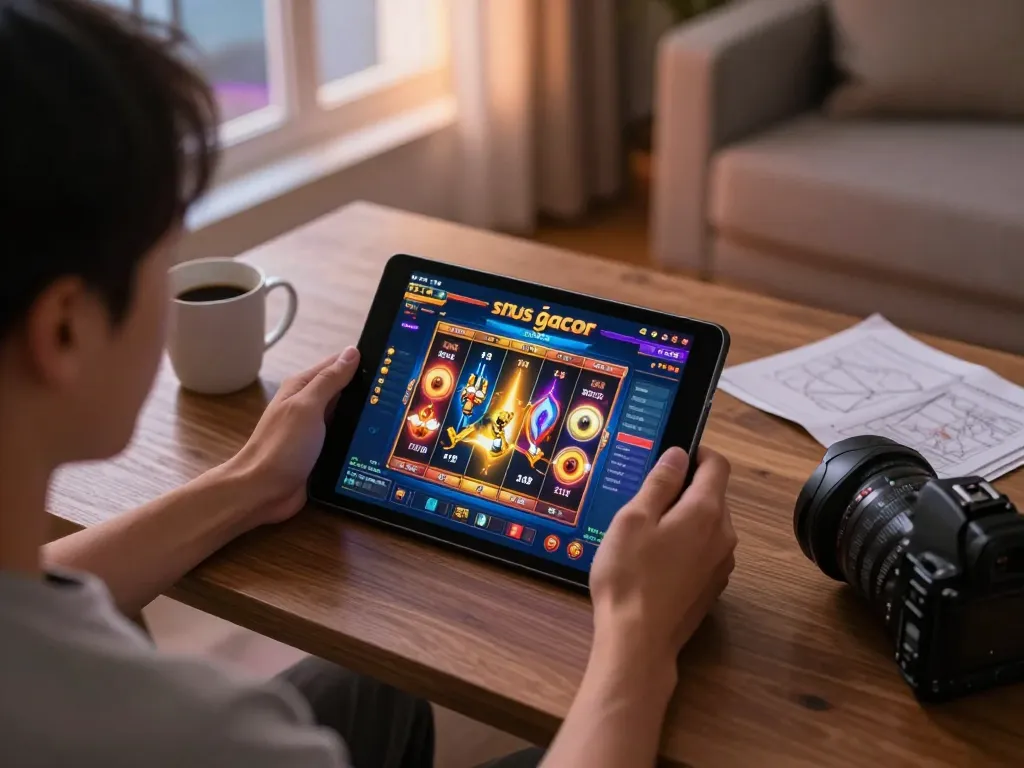 Engaging gameplay at a situs gacor slot game on a tablet in a cozy home setting.