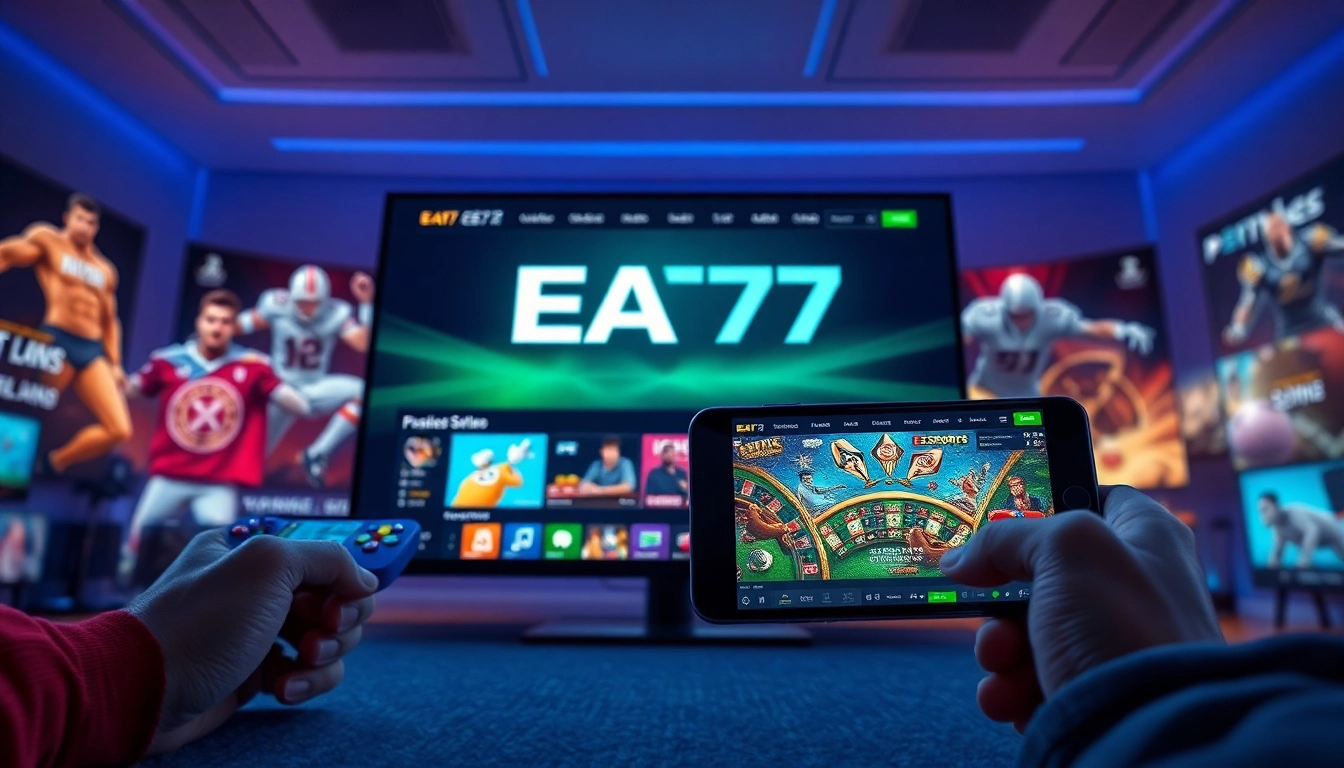 EA77 online gaming platform interface with vibrant graphics, showcasing sports betting and live casino.