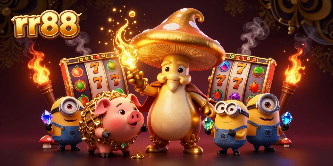 Spin the reels at rr88 with a golden wizard and treasure-sniffing pig in this vibrant casino illustration.