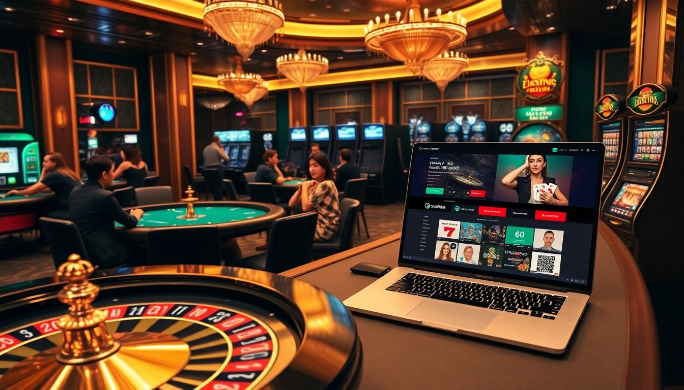 Hello88 gamblers enjoying a luxurious casino experience at roulette and poker tables.
