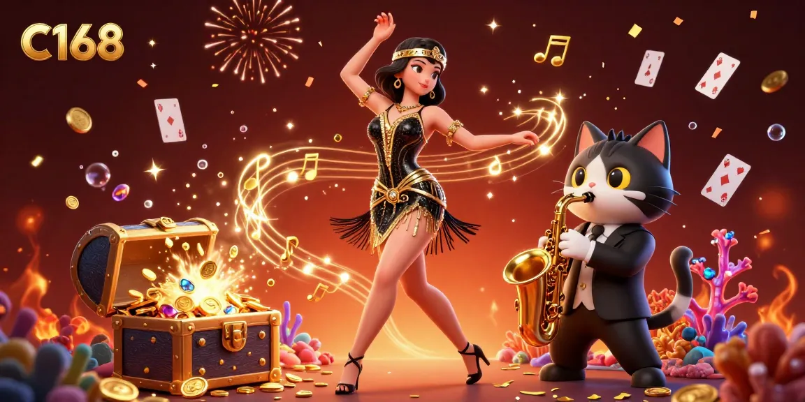 C168 captivates with a lively scene of a dancer and saxophone cat amidst casino-themed treasures and elements.