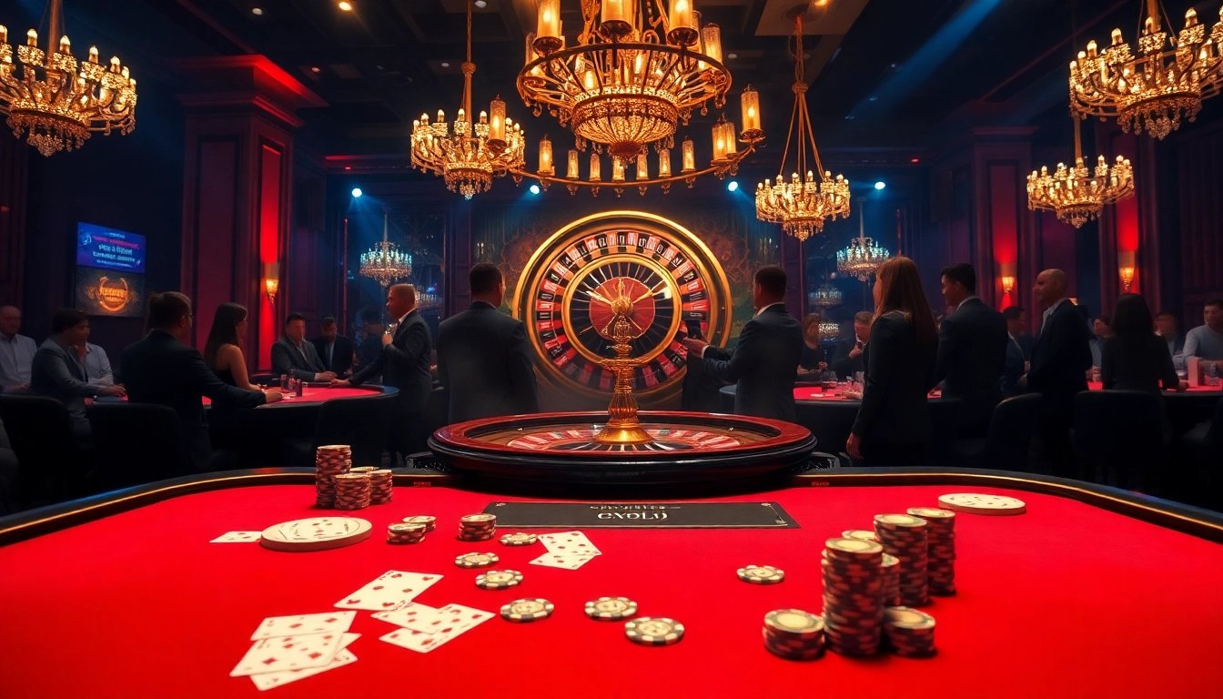 Excitement at the hit club casino with a poker table and roulette wheel in a luxurious setting.