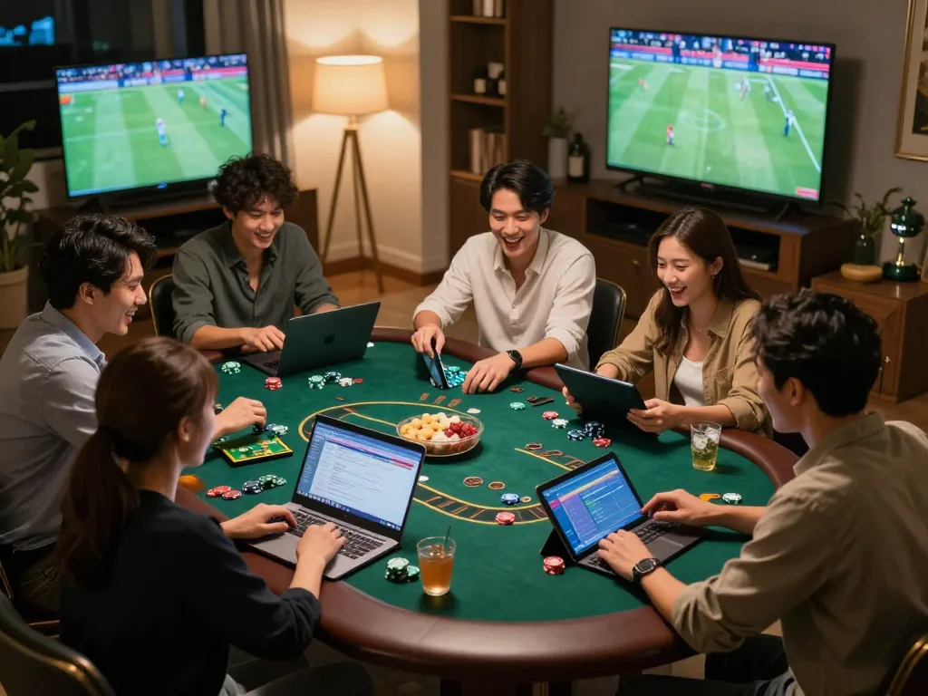 Go8 players strategizing during an online blackjack session in a cozy home ambiance.