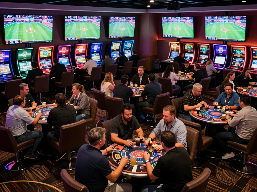 gbong fans cheering while placing bets in an upscale casino sports lounge during a game night