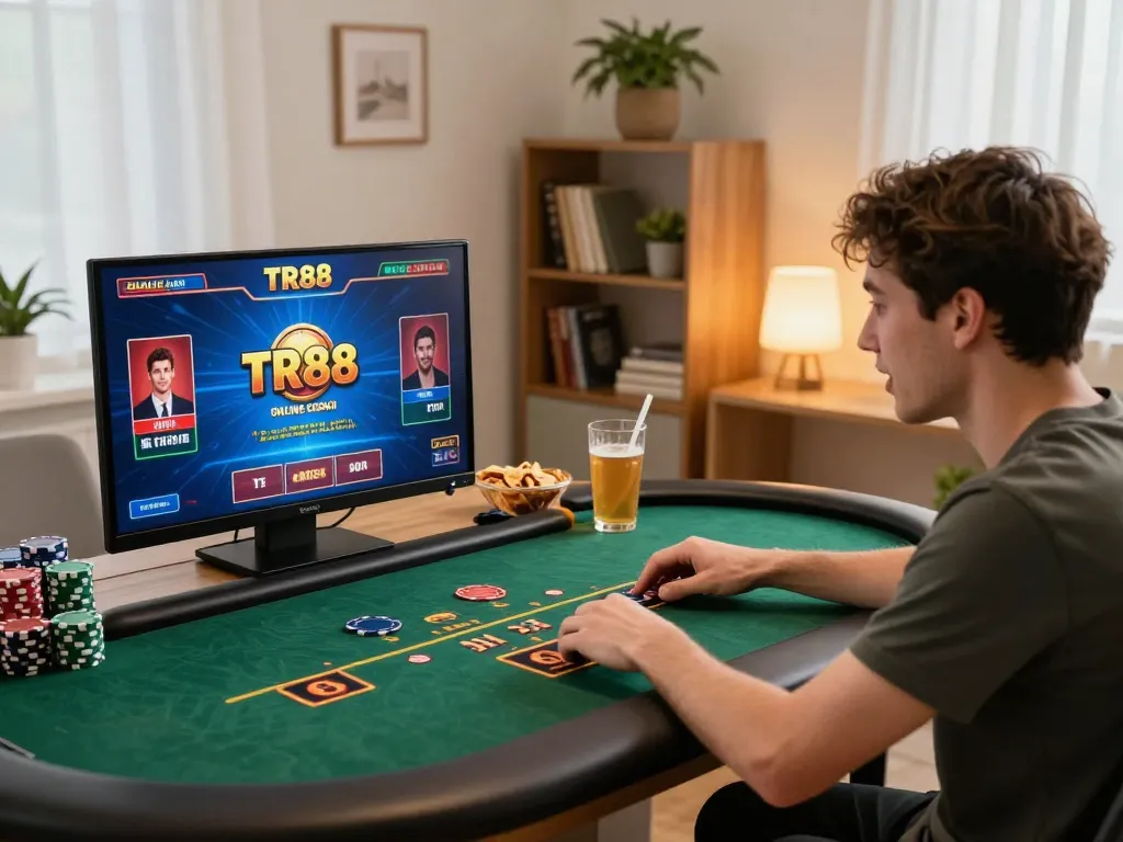 Player enjoying TR88 online gaming with focused expression and exciting laptop setup.