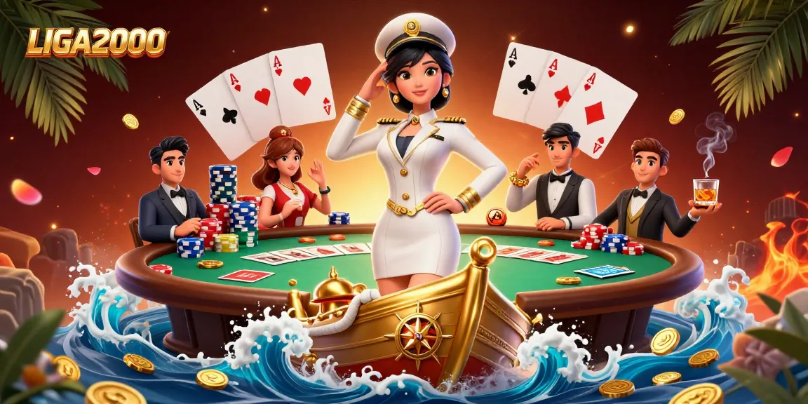 Juara poker LIGA2000 merayakan di tengah elemen kasino yang berwarna-warni dan koin emas.