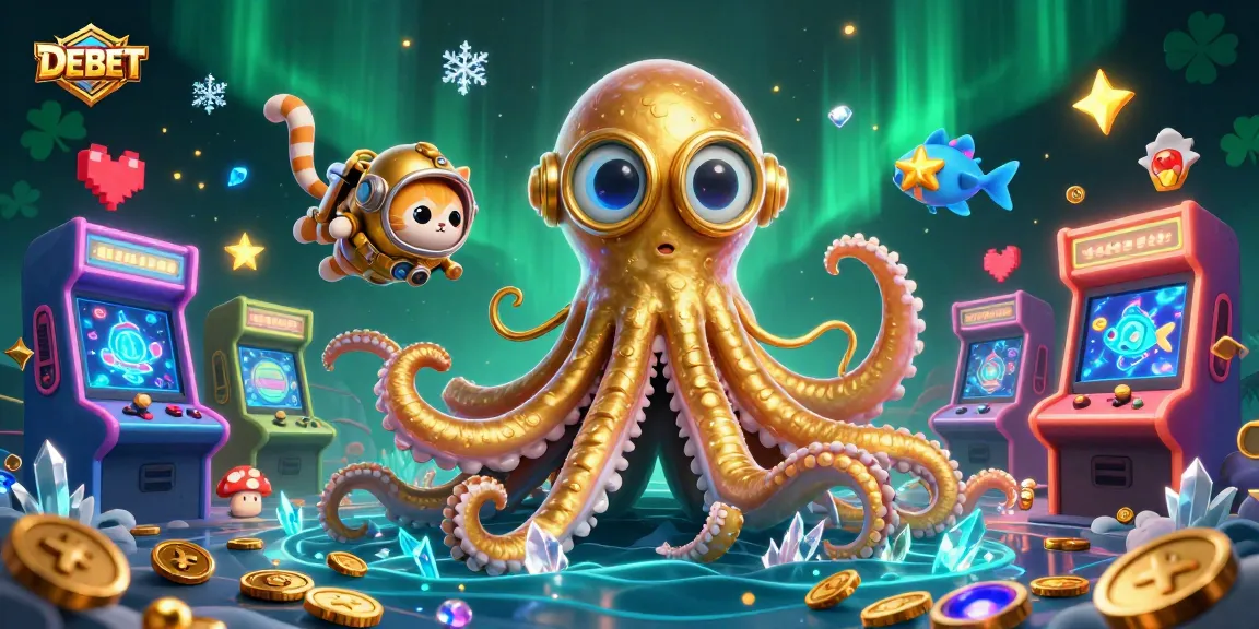 Engage in thrilling betting adventures with DEBET featuring a kraken and diving cat in a dynamic casino scene.