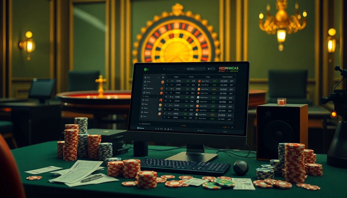 Experience the thrill of keonhacai5 with vibrant sports betting slips and casino elements.