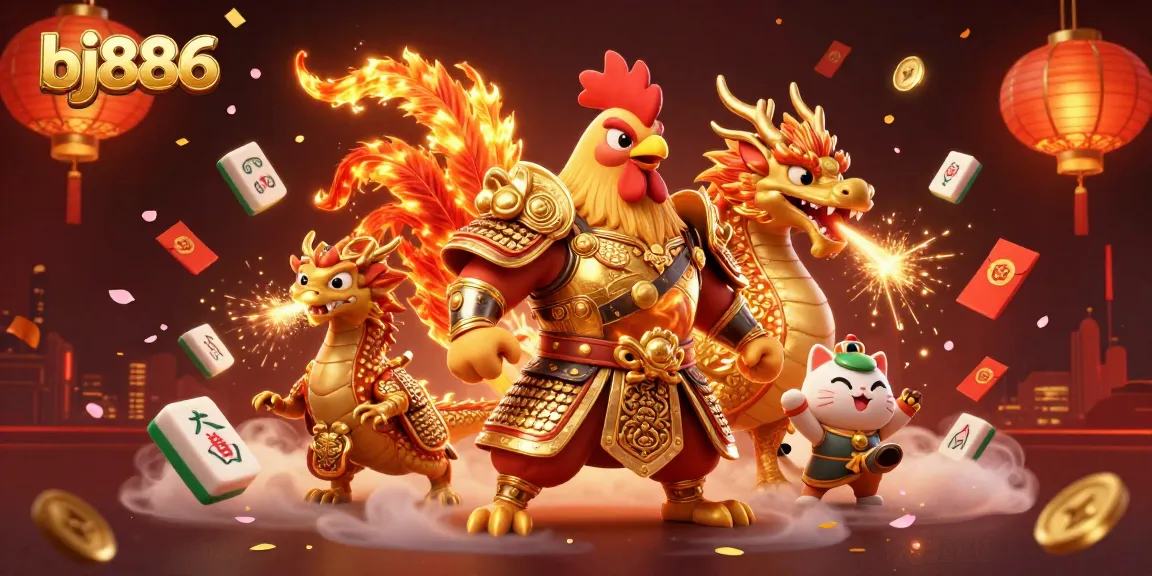 Experience thrilling action with bj886's vibrant fighting rooster and dragon in an exciting casino scene.