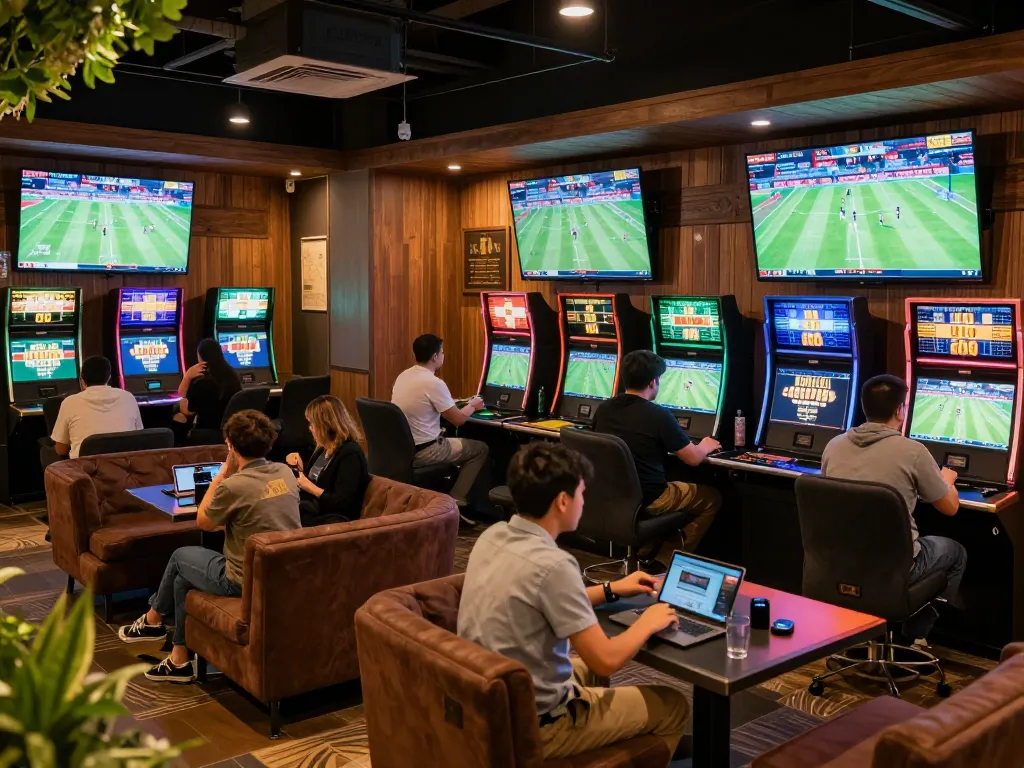 Excited patrons engaging in sports betting activities at UU88, analyzing game odds and strategies.
