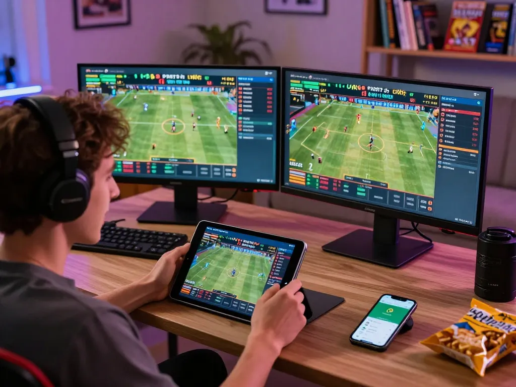 Person engaging in sports betting on tg88 tablet, showcasing odds and live events in a cozy home setup.