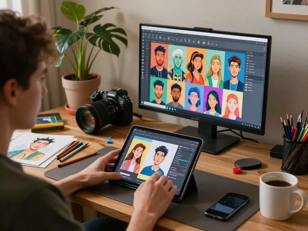 Creating a Chatgpt caricature in a cozy home office while gaming online with vibrant colors.