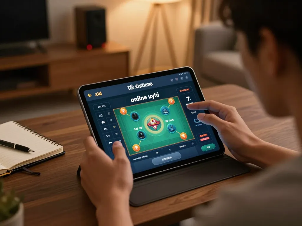 Engaging with tài xỉu online uy tín app on tablet in cozy living room for immersive gaming experience.