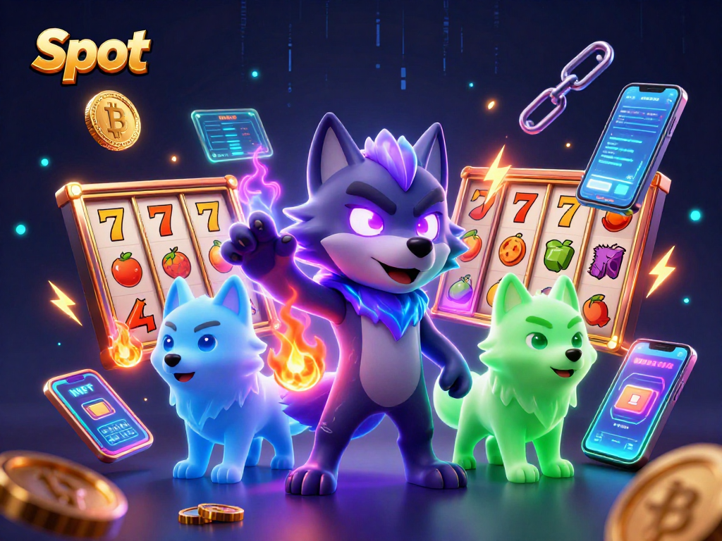 Spin the Slot reels with captivating ghostly wolves and vibrant crypto elements in an electrifying 3D scene.