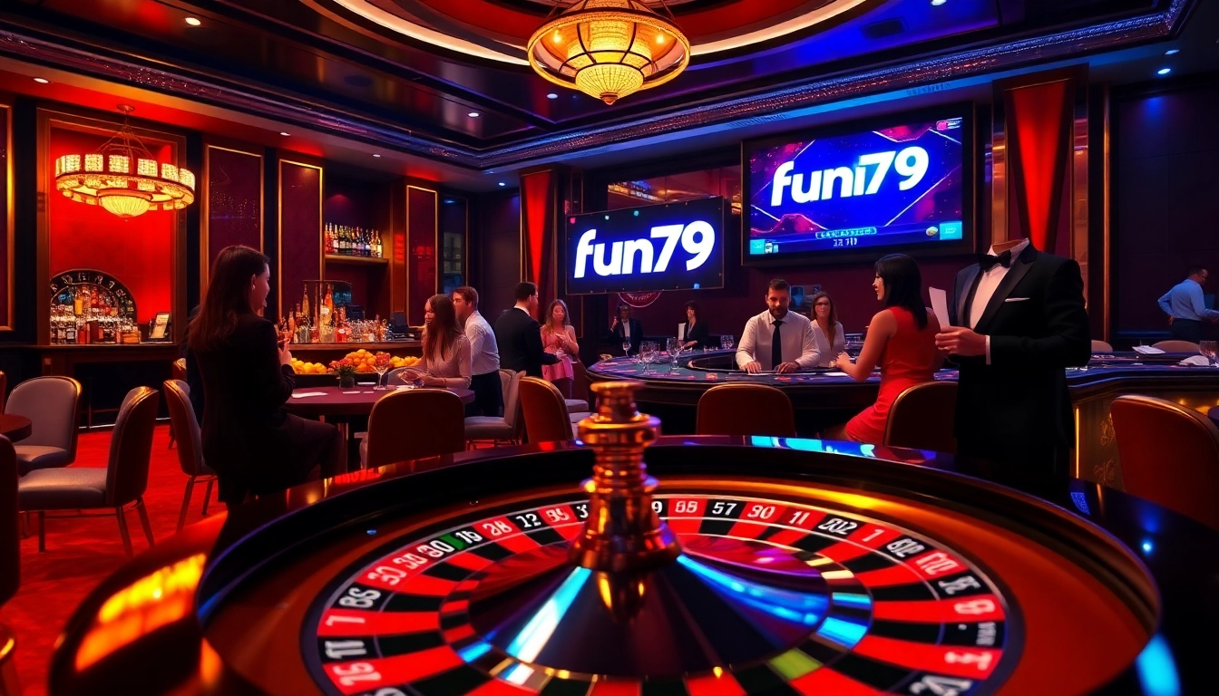 fun79 players enjoying an exciting game at a luxurious casino table with vibrant decorations.